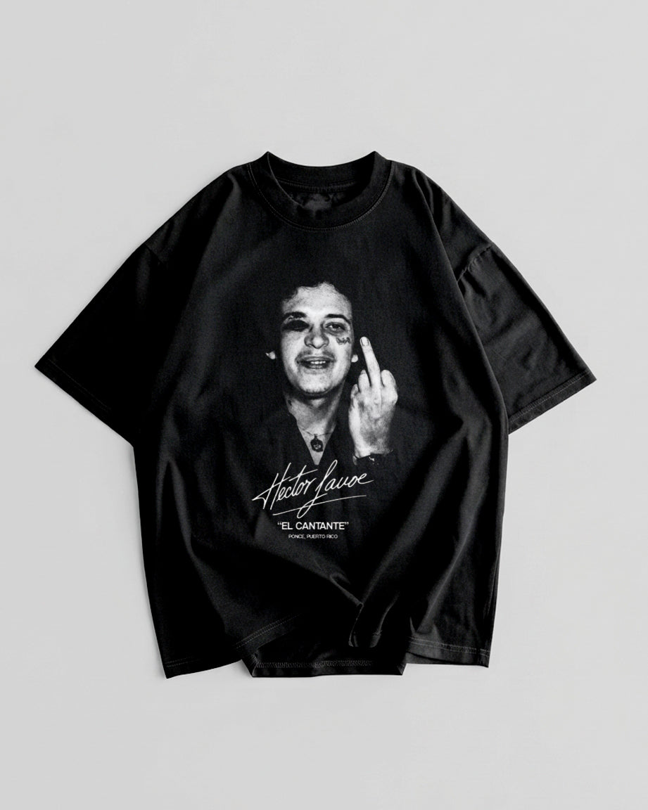 Camiseta negra de manga corta con retrato de Héctor Lavoe y texto El Cantante