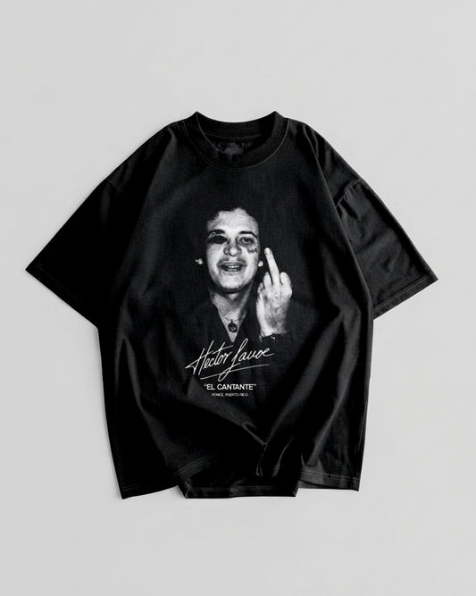 Camiseta negra de manga corta con retrato de Héctor Lavoe y texto El Cantante
