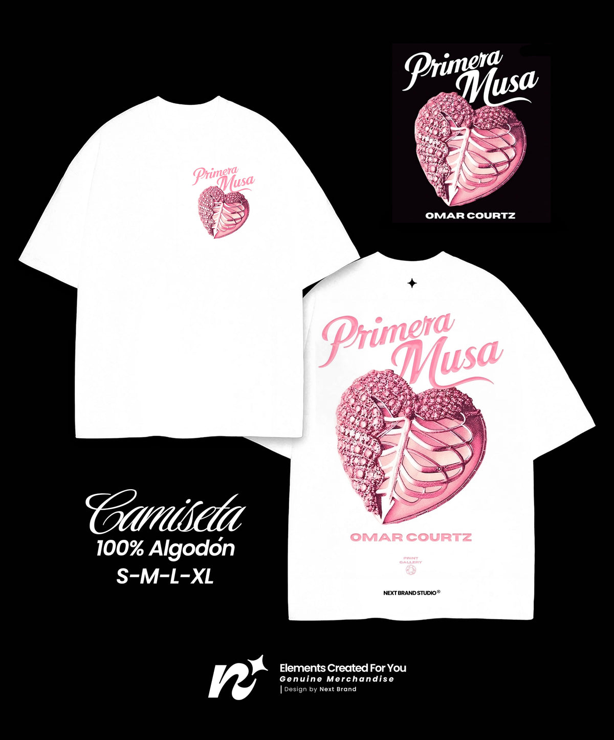 Camiseta Primera Musa corazón rosa Blanca