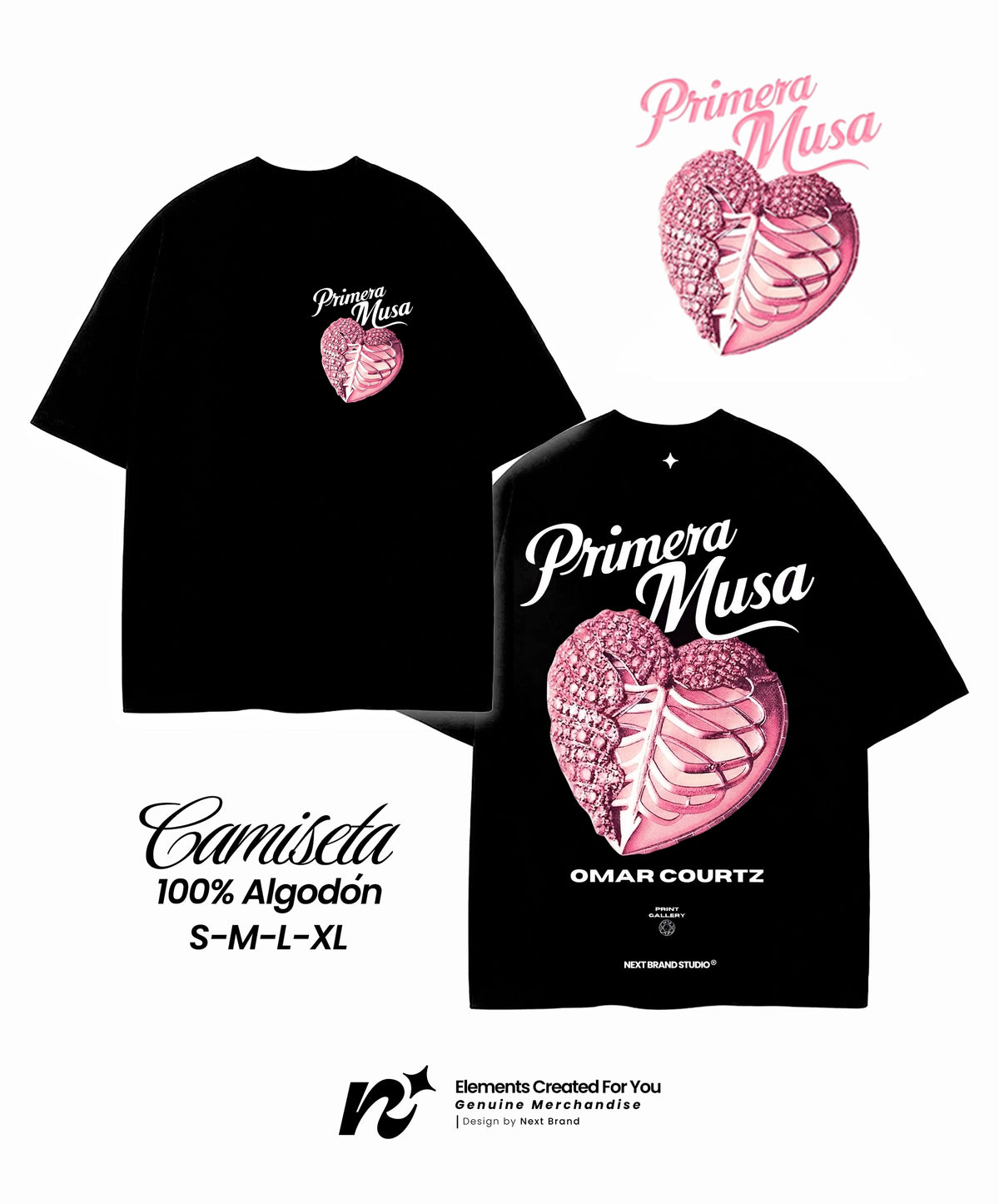 Camiseta Primera Musa corazón rosa Negra